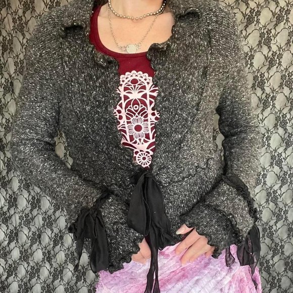 parisian chic style ruffles n bows cardigan sweater wool blend miss kelly 1969 - Picture 1 of 4